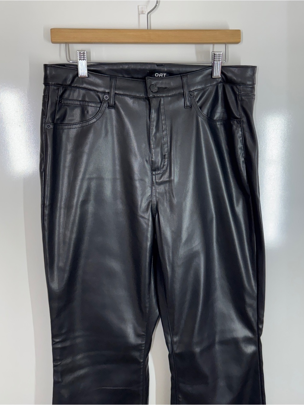 OAT Women High Rise Flare Faux Leather Pants Black Vegan Leather Y2K Retro Chic - Picture 4 of 10